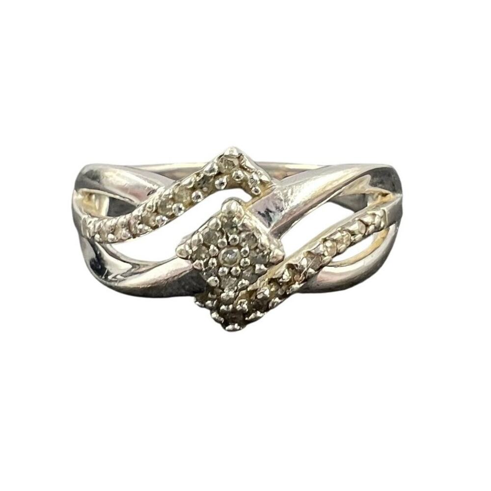 Vintage Sterling‎ Silver 25 Natural Diamond Crossover Ring SUN .925 Size 6.75